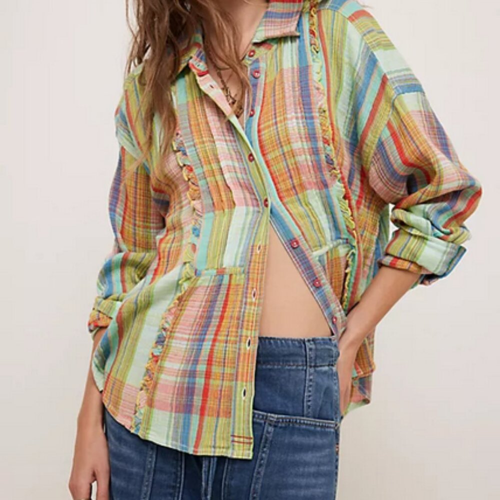 Free People We The Free Madras Top Printed Ruffle Dropped Shoulder XS